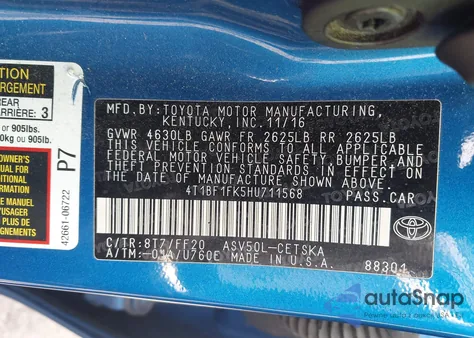 2017 Toyota Camry Le/Xle/Se/Xse from USA, damaged, VIN 4T1BF1FK5HU711568